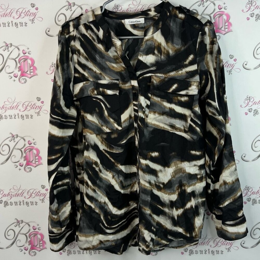 Calvin Klein long sleeve blouse multicolor brown black tan Zebra Print Blouse